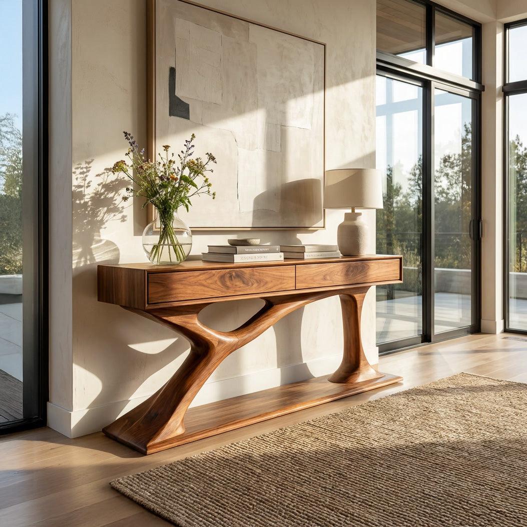 Contemporary Wooden Console Table with Sculptural Base, Handcrafted Entryway Foyer Table for Living Room, Model