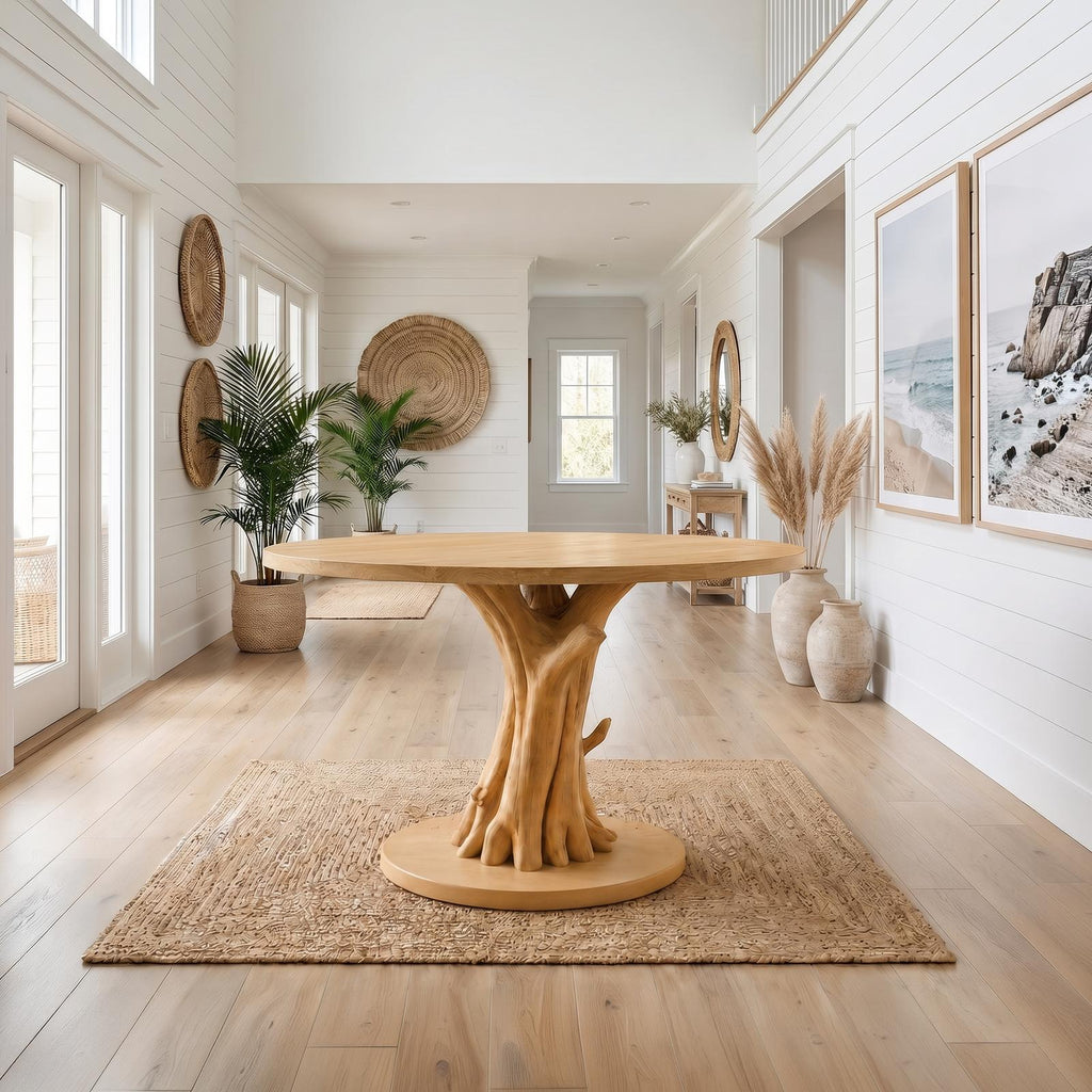 Organic Tree Base Round Entryway Table, Solid Wood Pedestal Foyer Table for Living Room, Hallway