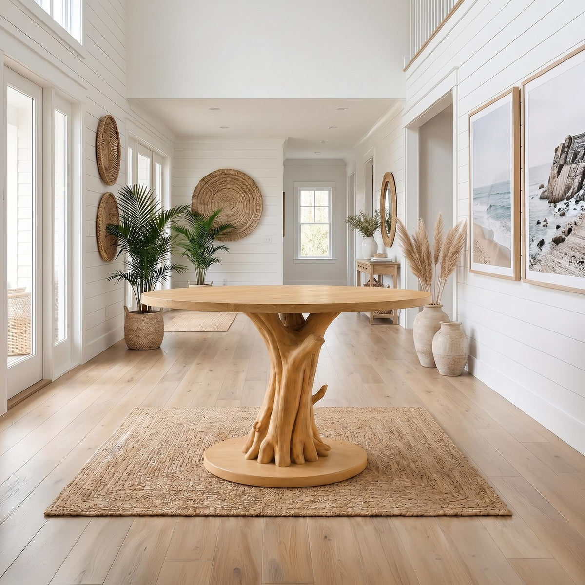 Organic Tree Base Round Entryway Table, Solid Wood Pedestal Foyer Table for Living Room, Hallway