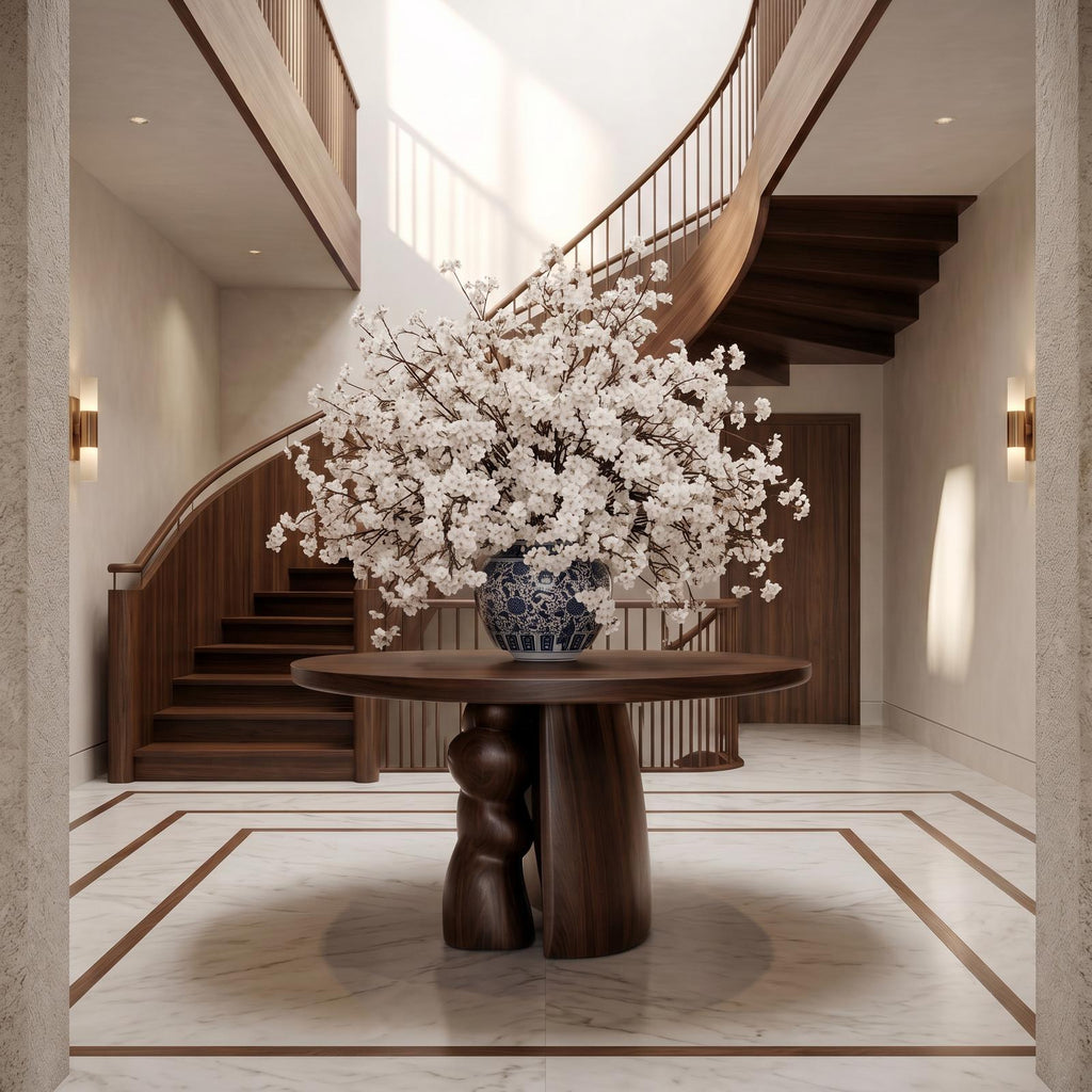 Rustic Round Entryway Table, Solid Wood Pedestal Foyer Table for Entryway, Hallway Decor