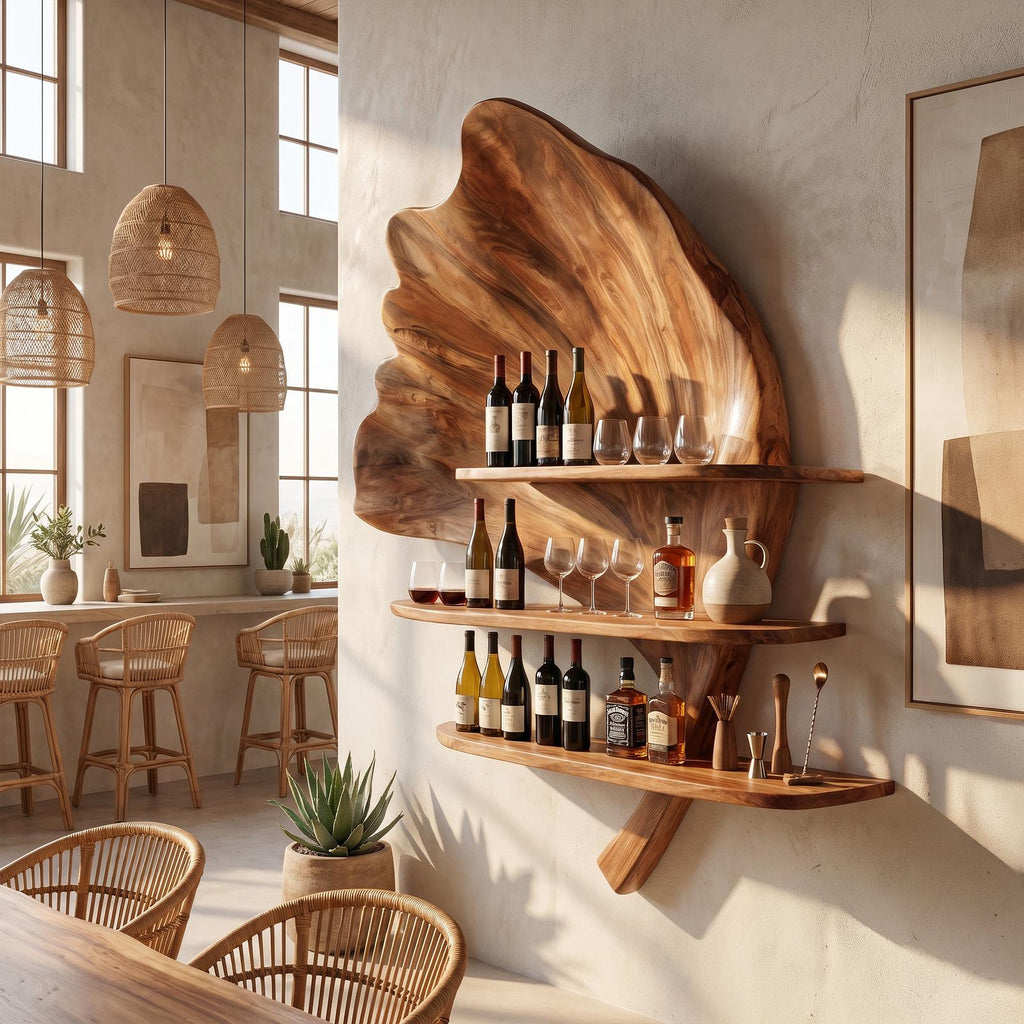 Boho Wall Mounted Wine Rack, Rustic Solid Wooden Wine Bottle and Glass Stemware Holder Display Stand for Kitchen & Apartment Bar, SILDTTRWH076