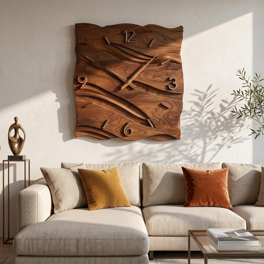 Organic Modern Wood Wave Wall Clock, Handcrafted Solid Wooden Wavy Artistic Timepiece for Home Decor