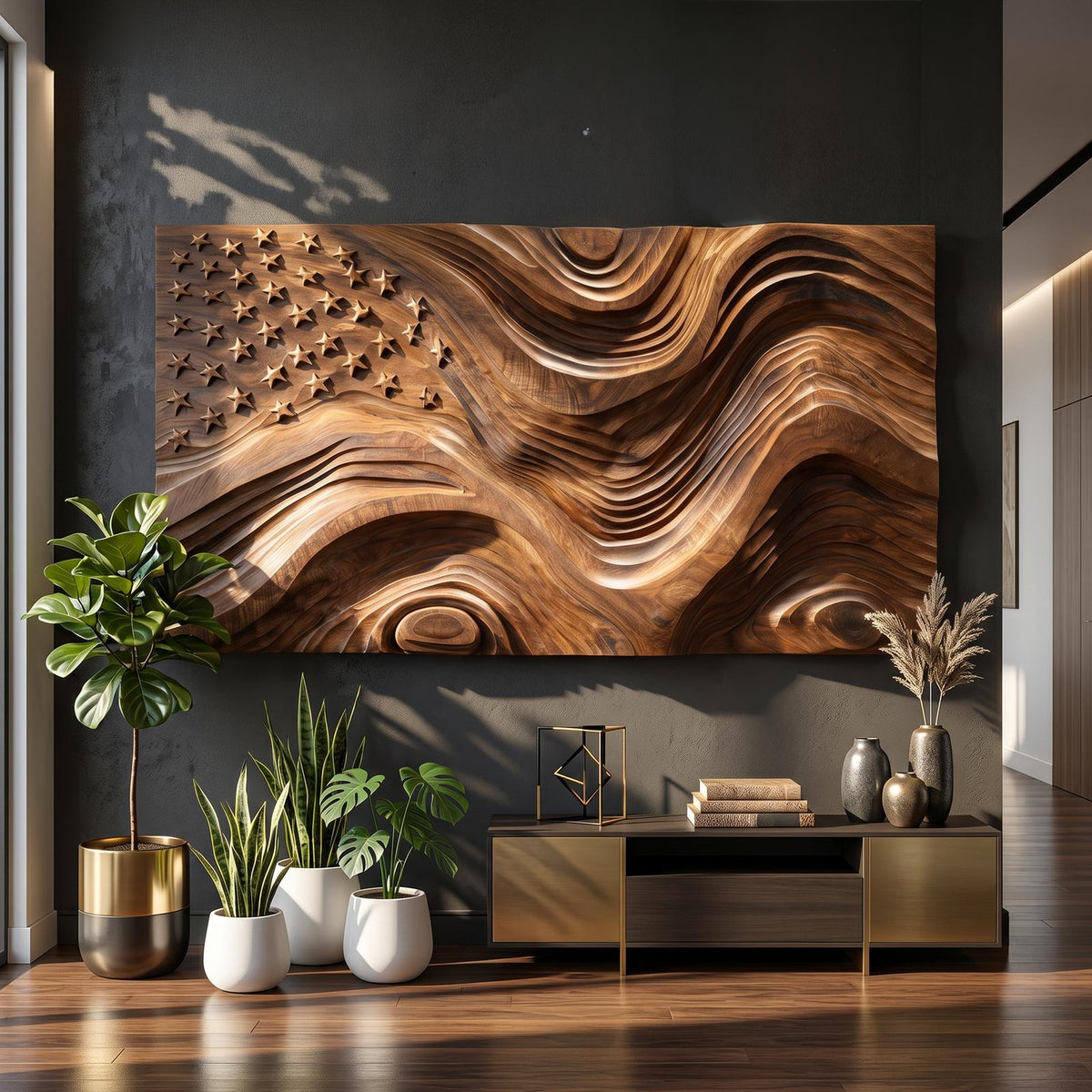 Rustic American Flag Wall Panel, 3D Wave Relief Wooden USA Flag Wall Art Decor