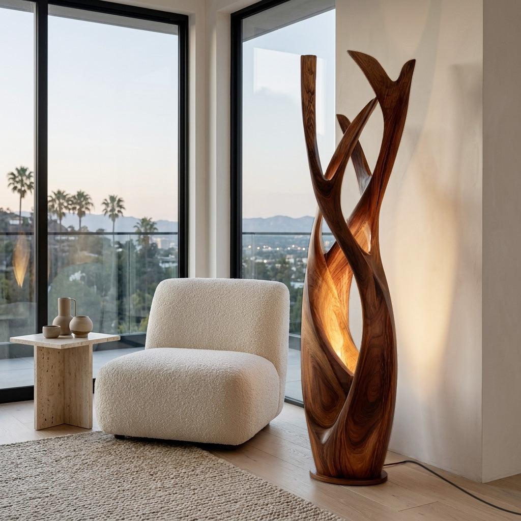 Wooden Floor Lamp, Modern Minimalist Solid Wood Standing Light with Shade for Contemporary Apartment, Model