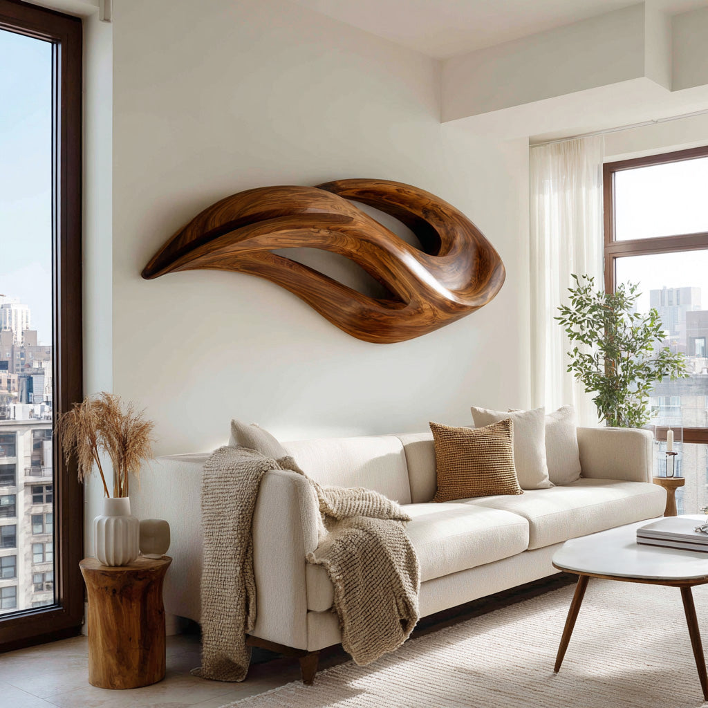 Contemporary Wood Wall Art, Unique Hand-Carved Abstract 3D Wave Wood Sculpture Panel for Living Room