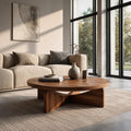 Modern Round Wood Coffee Table with Unique Geometric Base, Contemporary Solid Wood Center Table, Model