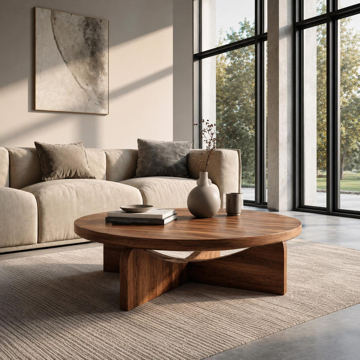 Modern Round Wood Coffee Table with Unique Geometric Base, Contemporary Solid Wood Center Table, Model