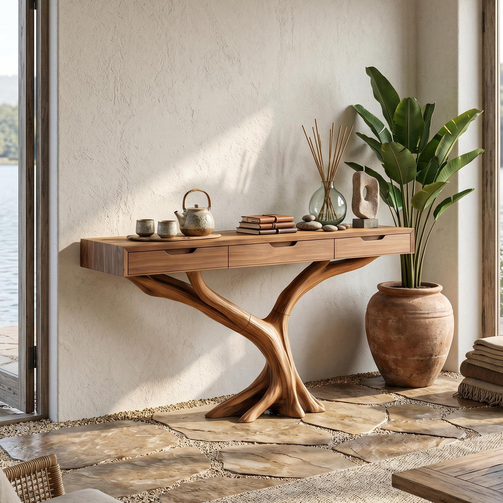 Farmhouse Live Edge Entryway Table, Solid Wood Console Hallway Table with Storage Drawer, Model