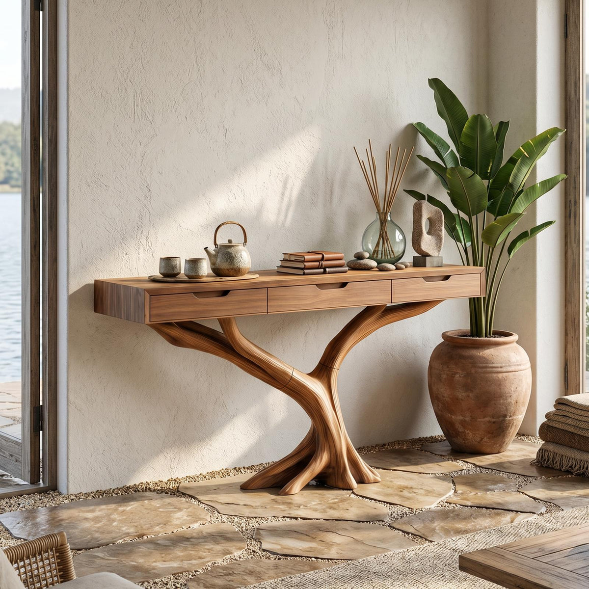 Farmhouse Live Edge Entryway Table, Solid Wood Console Hallway Table with Storage Drawer, Model