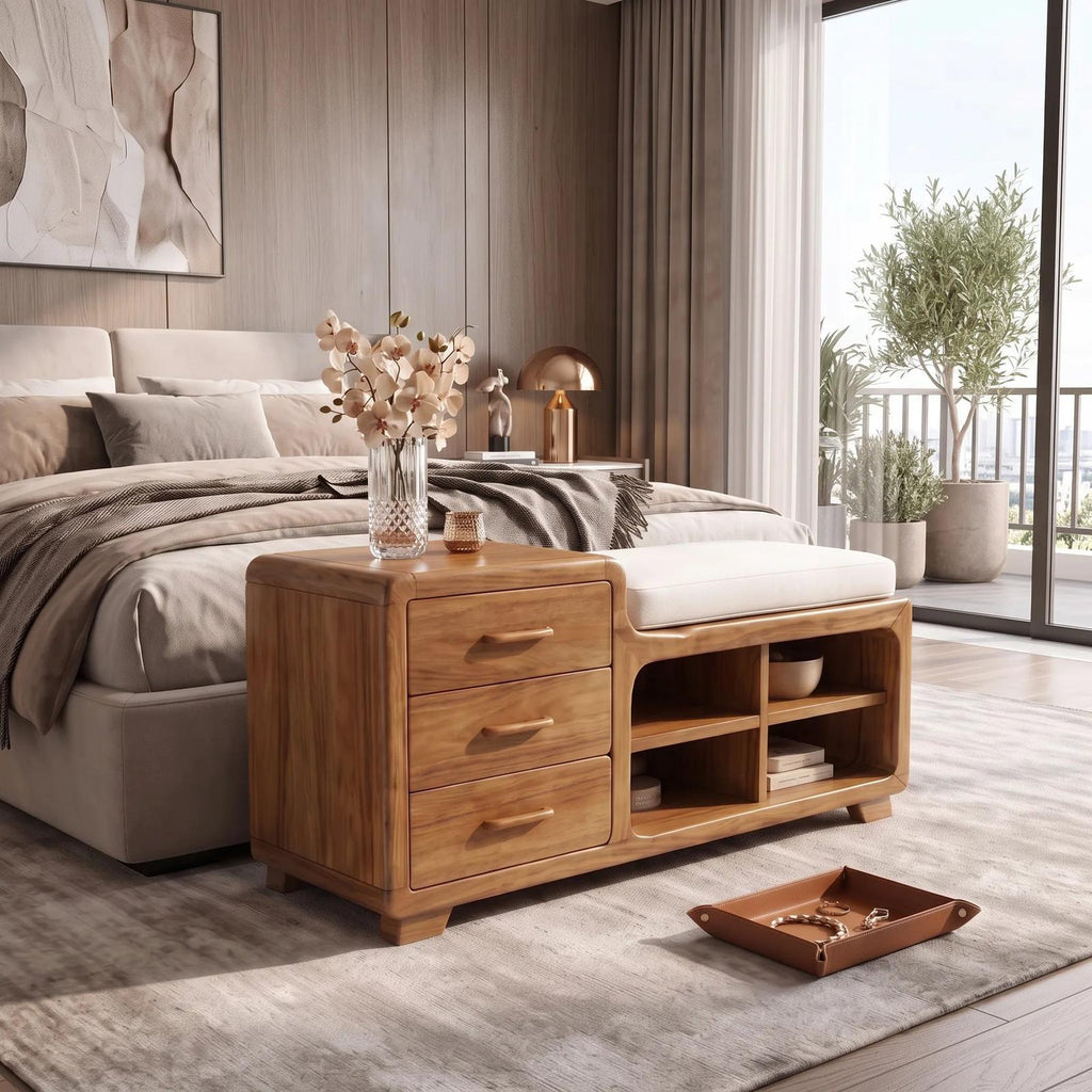 Modern Wooden Storage Bench Drawers Cushion For Bedroom Decor