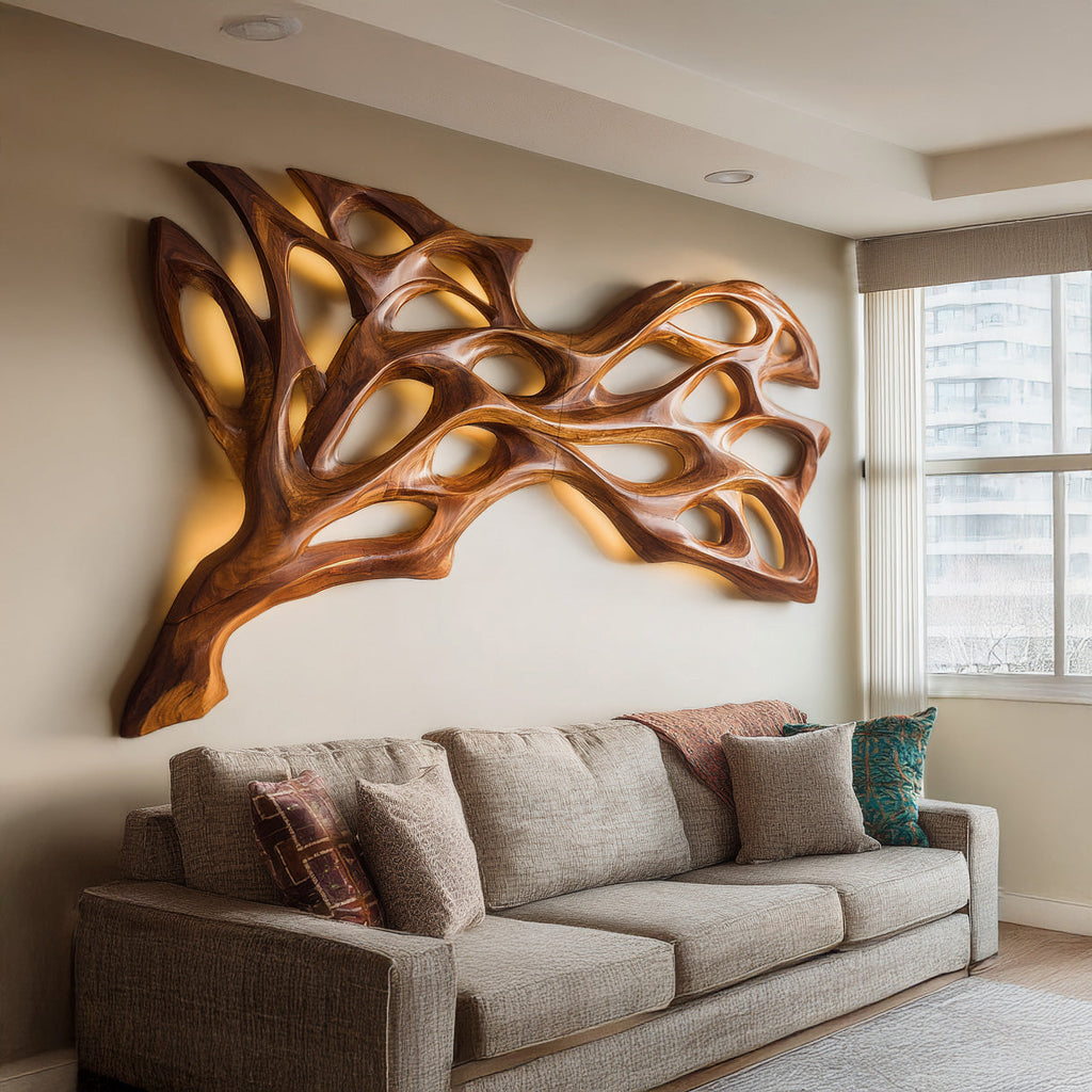 Abstract Natural Wood Wall Art, Hand Carved 3D Curved Wave Wooden Sculpture Panel Decor for Modern Home