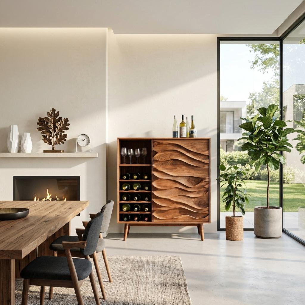 Spry Interior Sculptural Wood Wine Cabinet with Wave Carved Doors, Storage Buffet Credenza for Dining Room, Kitchen & Bar, SITHTTBCA013