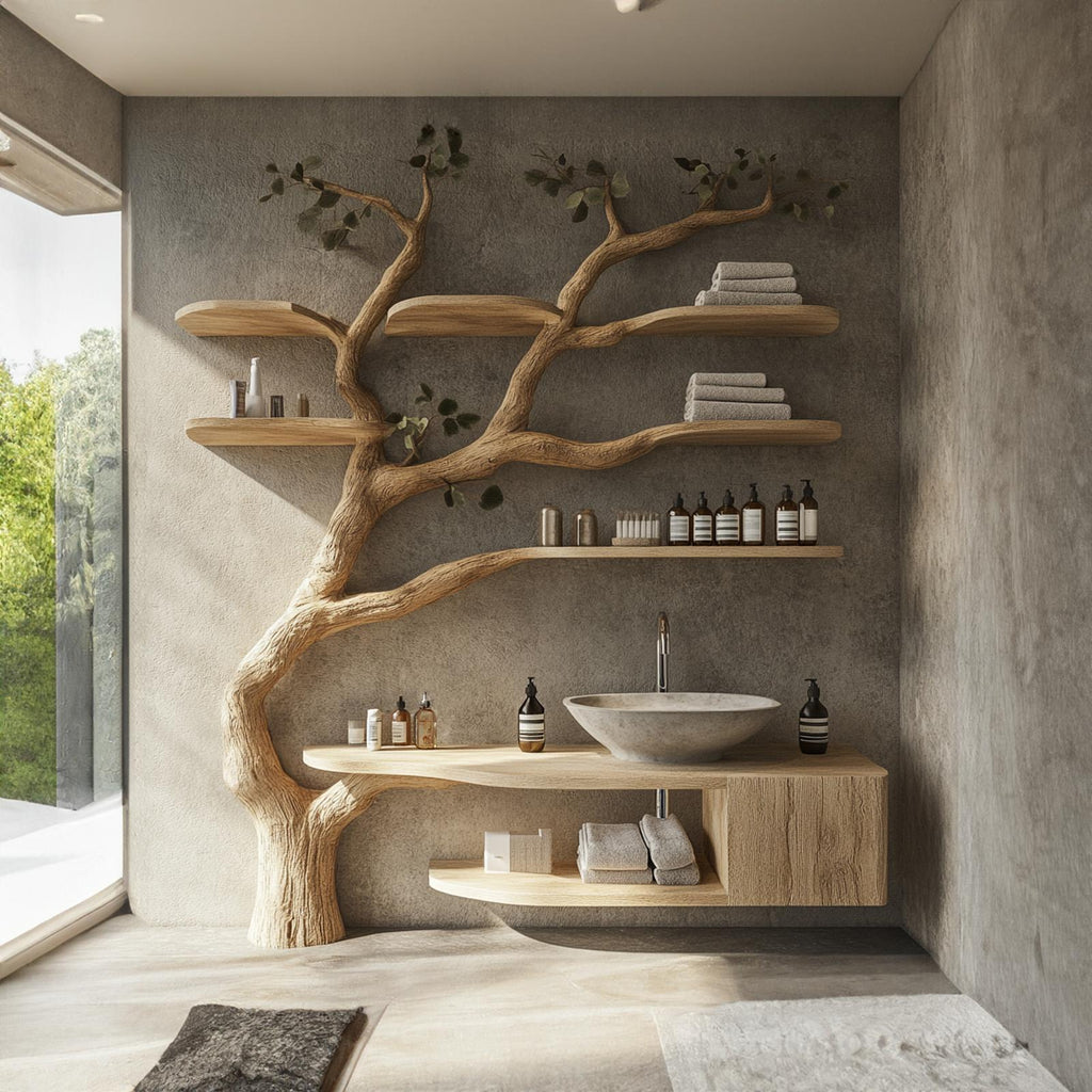 Wood Vanity With Mini Sink Floating Shelves Tree Branches