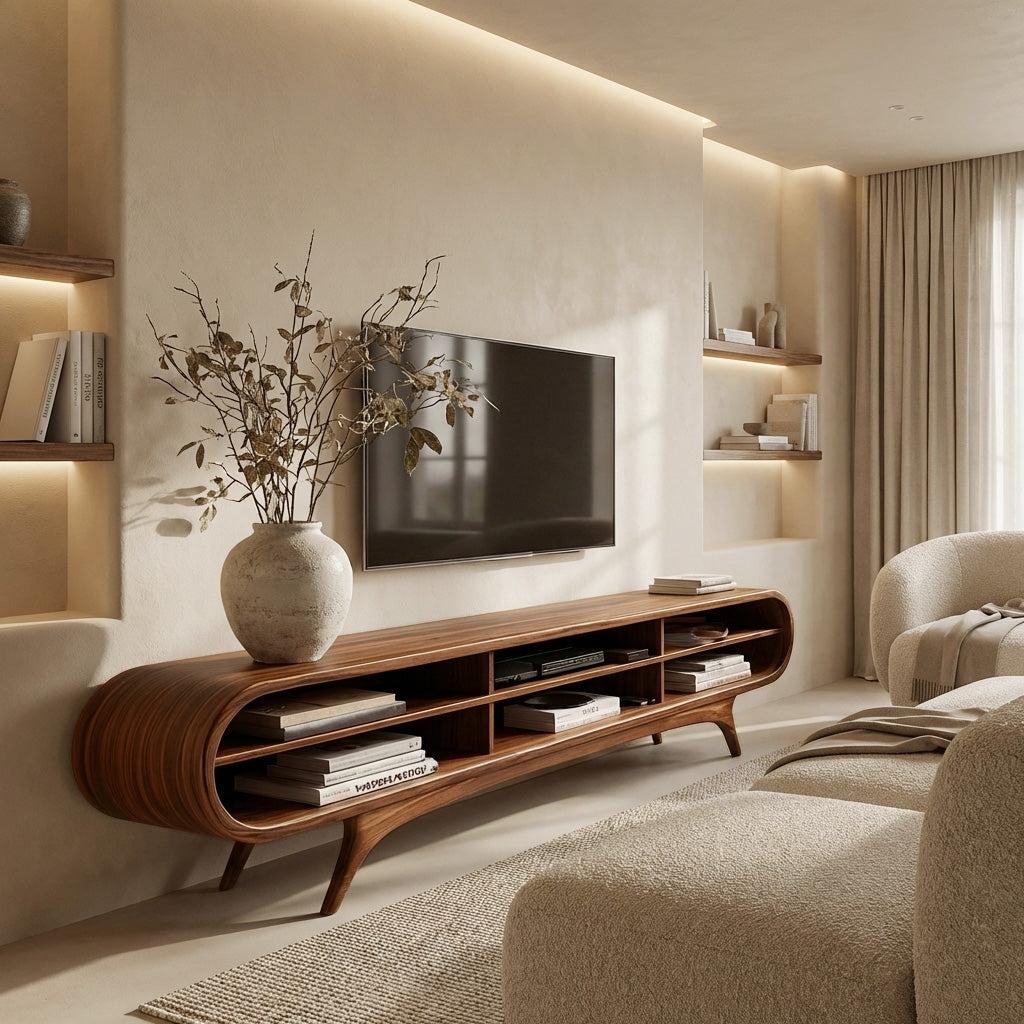 Spry Interior Scandinavian Natural Wood TV Cabinet, Handcrafted Mid-Century Modern Media Console & Entertainment Center Board, RTTHHNTVC094
