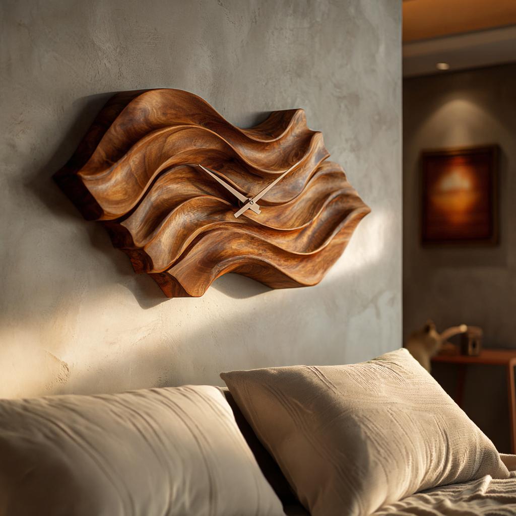Modern Wooden Wall Clock, Organic Wavy Shape Solid Wood Quiet Timepiece for Bedroom Office Decor
