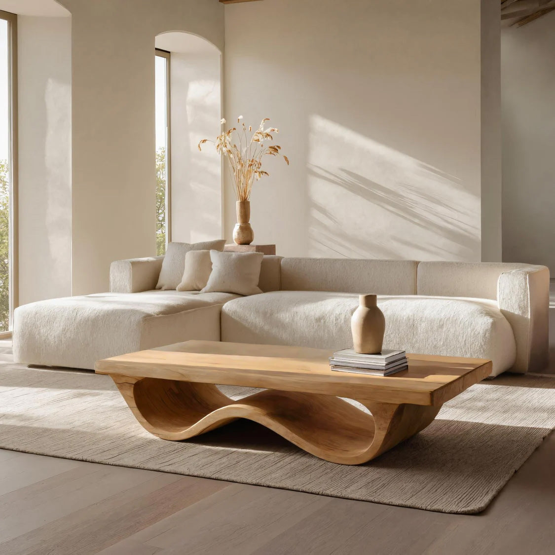 Contemporary Coffee Table, Curved Leg Pedestal Solid Wood Cocktail Table for Modern Living Room & Lounge