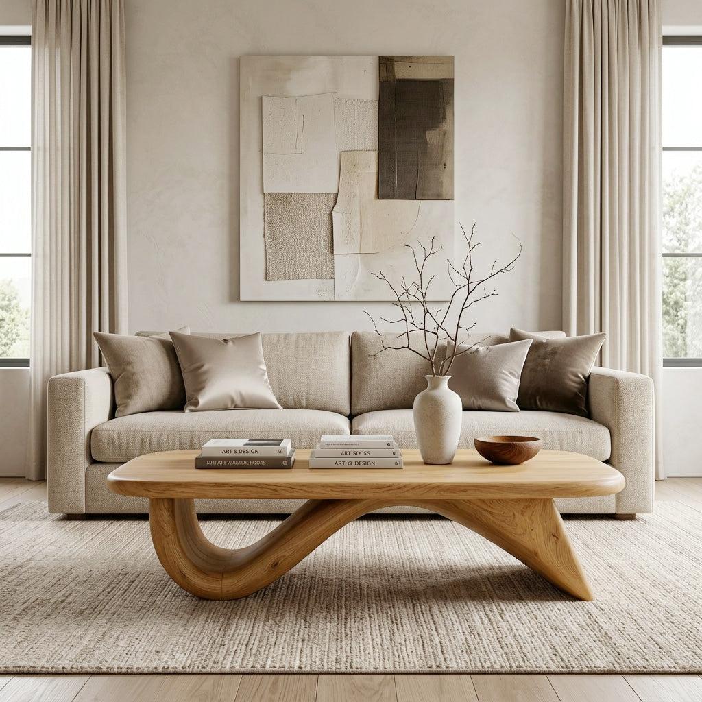 Spry Interior Organic Wooden Coffee Table with Sculpted Curved Base, Modern Mid-Century Center Table, Model RTTHHNCF064