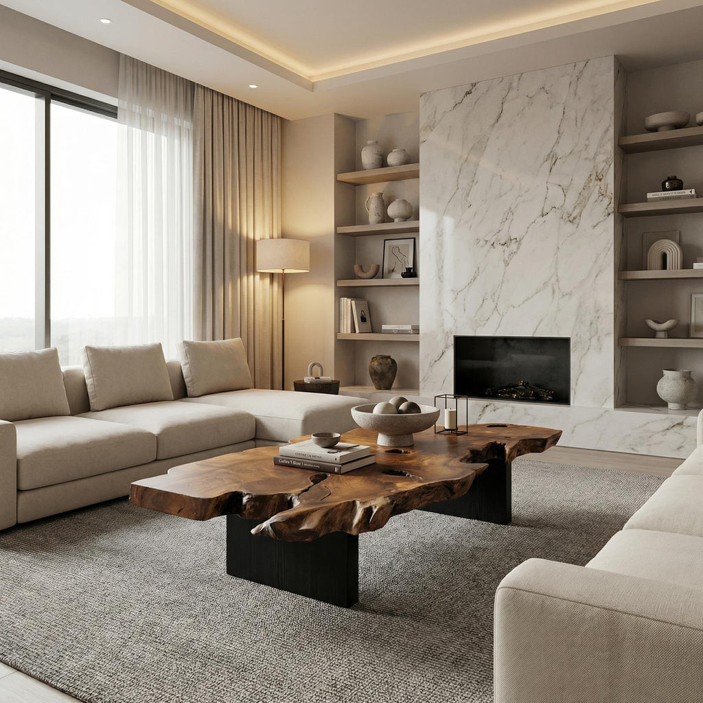 Spry Interior Rustic Live Edge Wood Coffee Table, Solid Wood Slab Center Table for Living Room & Lounge, SINLSACF347