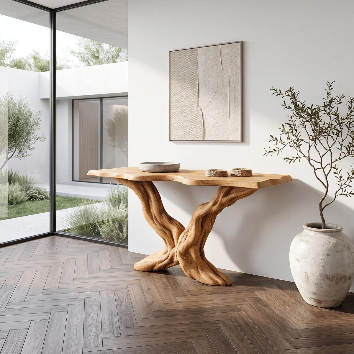 Rustic Sculptural Wood Console Table, Living Room & Entryway Handcrafted Solid Wood Accent Sofa Table, Model