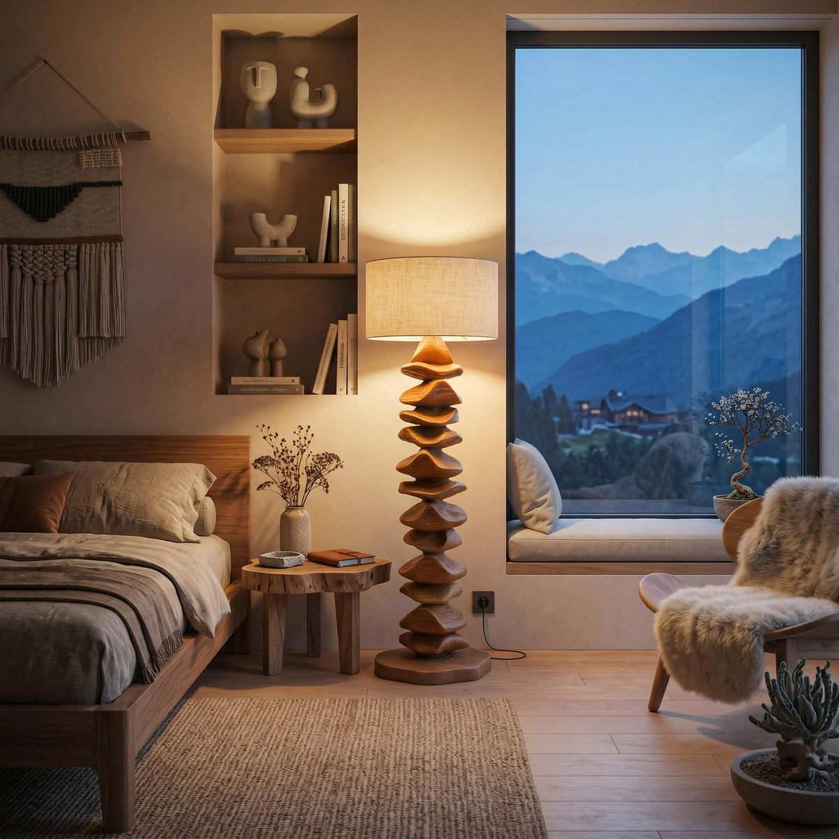 Teezano Handcrafted Sculptural Floor Lamp, Solid Wood Standing Light with Carved Base for Living Room & Bedroom, SITHTTLAM015