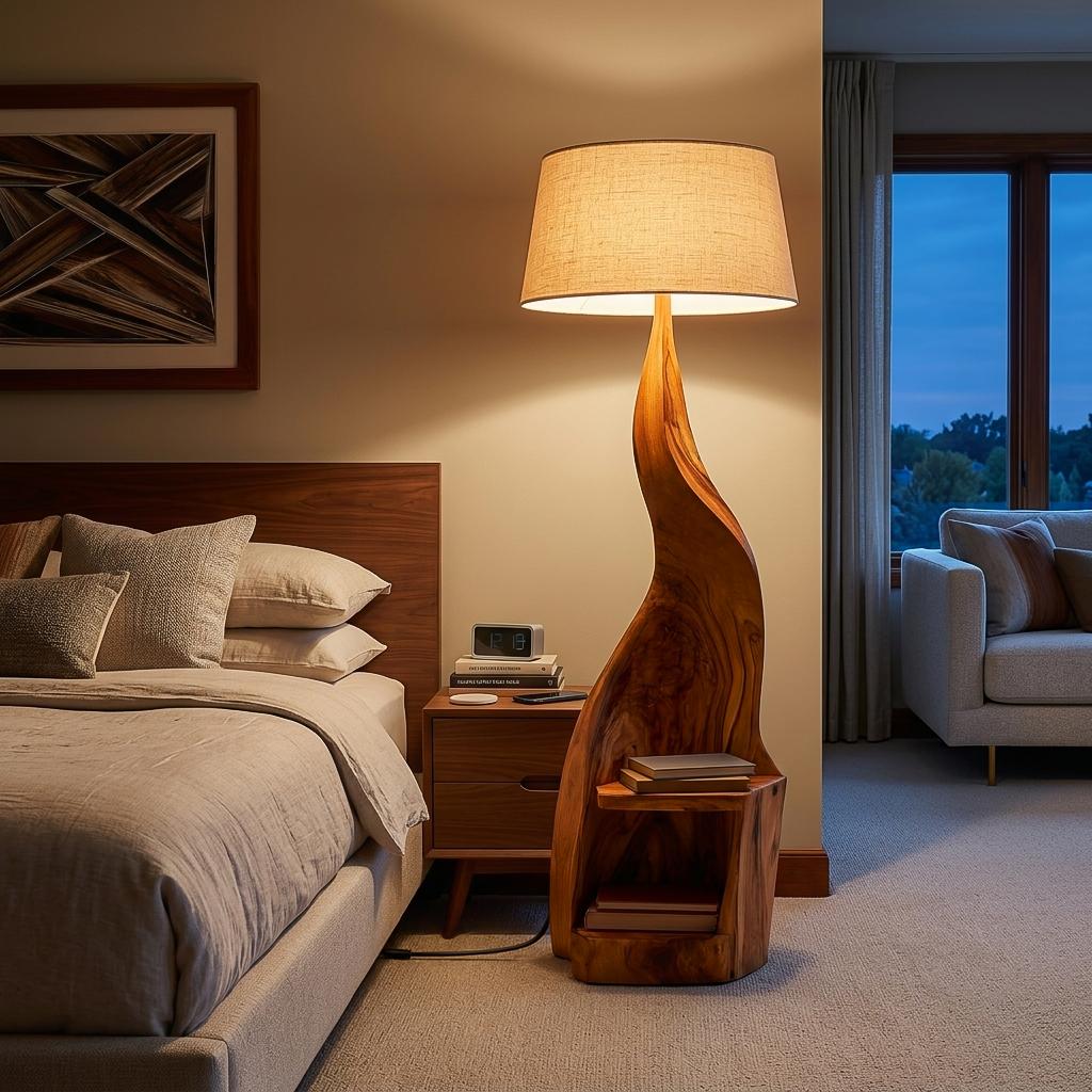 Modern Wooden Floor Lamp with Storage Shelf, Solid Wood Bedside Standing Accent Light for Reading Nook, Model