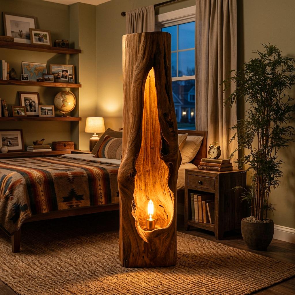 Rustic Wooden Floor Lamp, Sculptural Solid Wood Standing Accent Light with Shade for Cozy Bedroom, Model