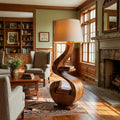Sculptural Natural Wood Floor Lamp with Integrated Storage Shelf, Modern Standing Light for Living Room, Model