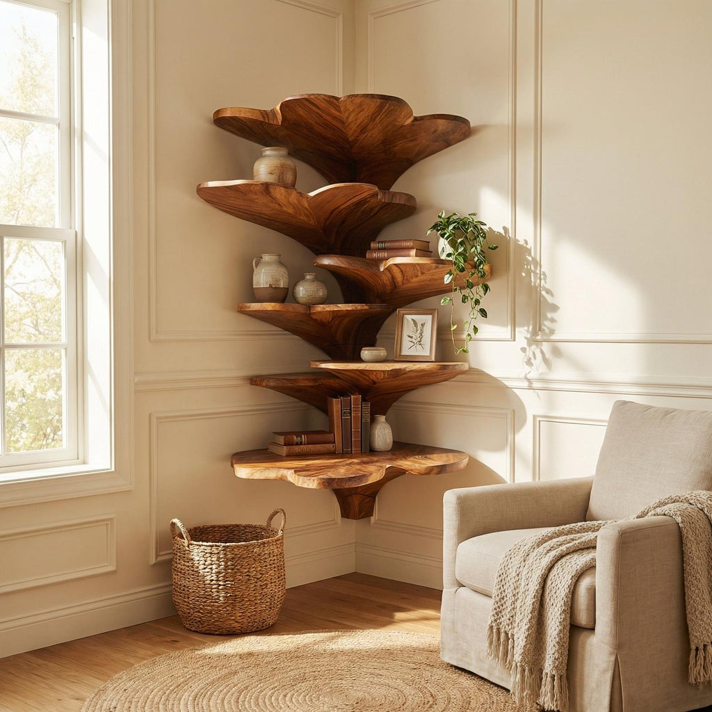 Boho Leaf Shaped Wooden Corner Shelf, Handcrafted Floating Tiered Wall Mounted Display Rack for Kids Nursery & Bedroom Decor, SILDTTRCLS006