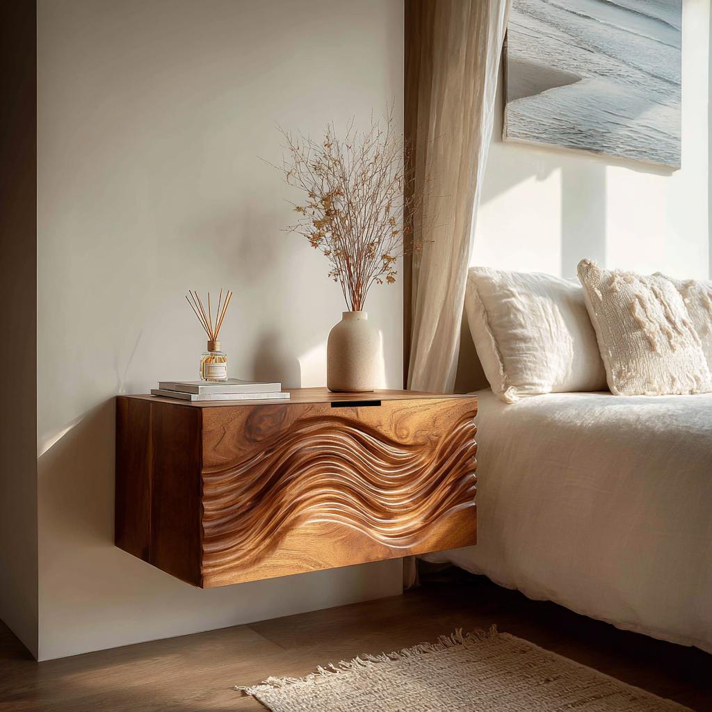 Spry Interior Modern Wooden Floating Nightstand with Wave Carved Drawer Front, Wall Mounted Bedside Table, Model RTTHTTNS027