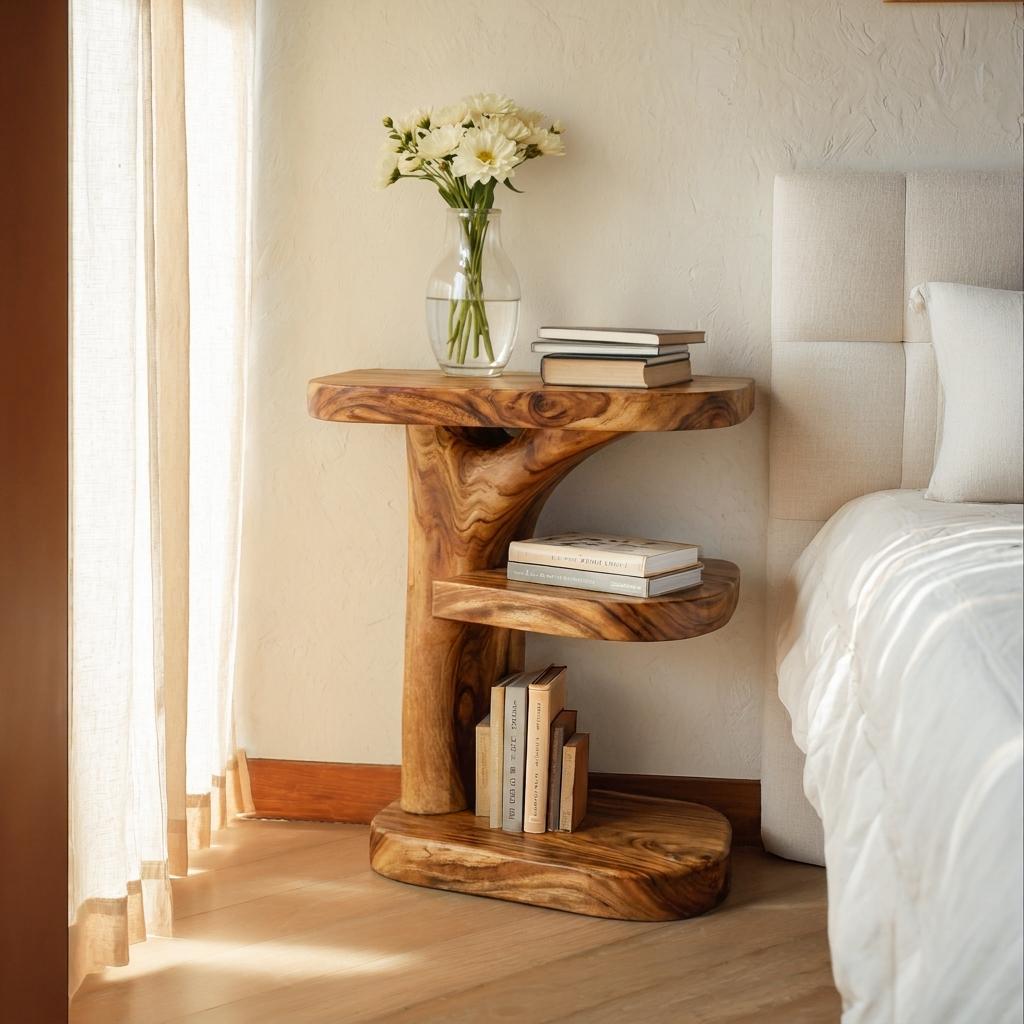 Spry Interior Organic Wooden Nightstand with Storage Shelf, Rustic Modern Bedside Table with Lower Cabinet, Model RTTHTTNS033