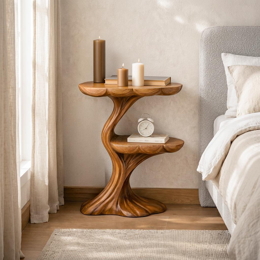 Spry Interior Handcrafted Wooden Nightstand with Organic Branch Base, Rustic Solid Wood Bedside Table, Model RTTHTTNS044