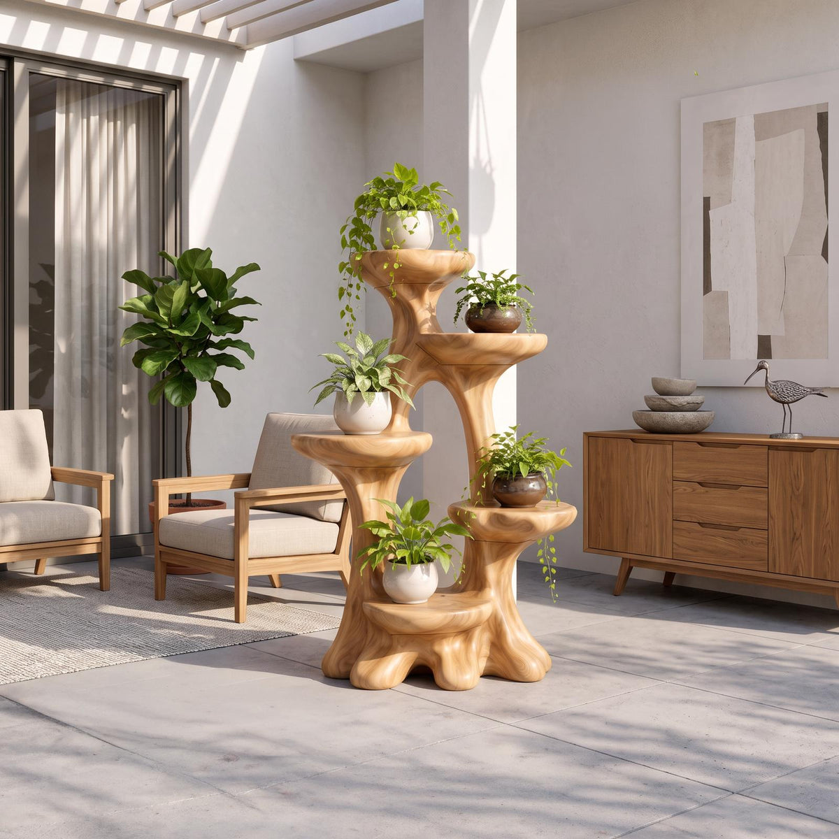 Organic Tree Plant Stand With Sculptural Tiered Design For Living Room And Sunroom SINLKIBRV334