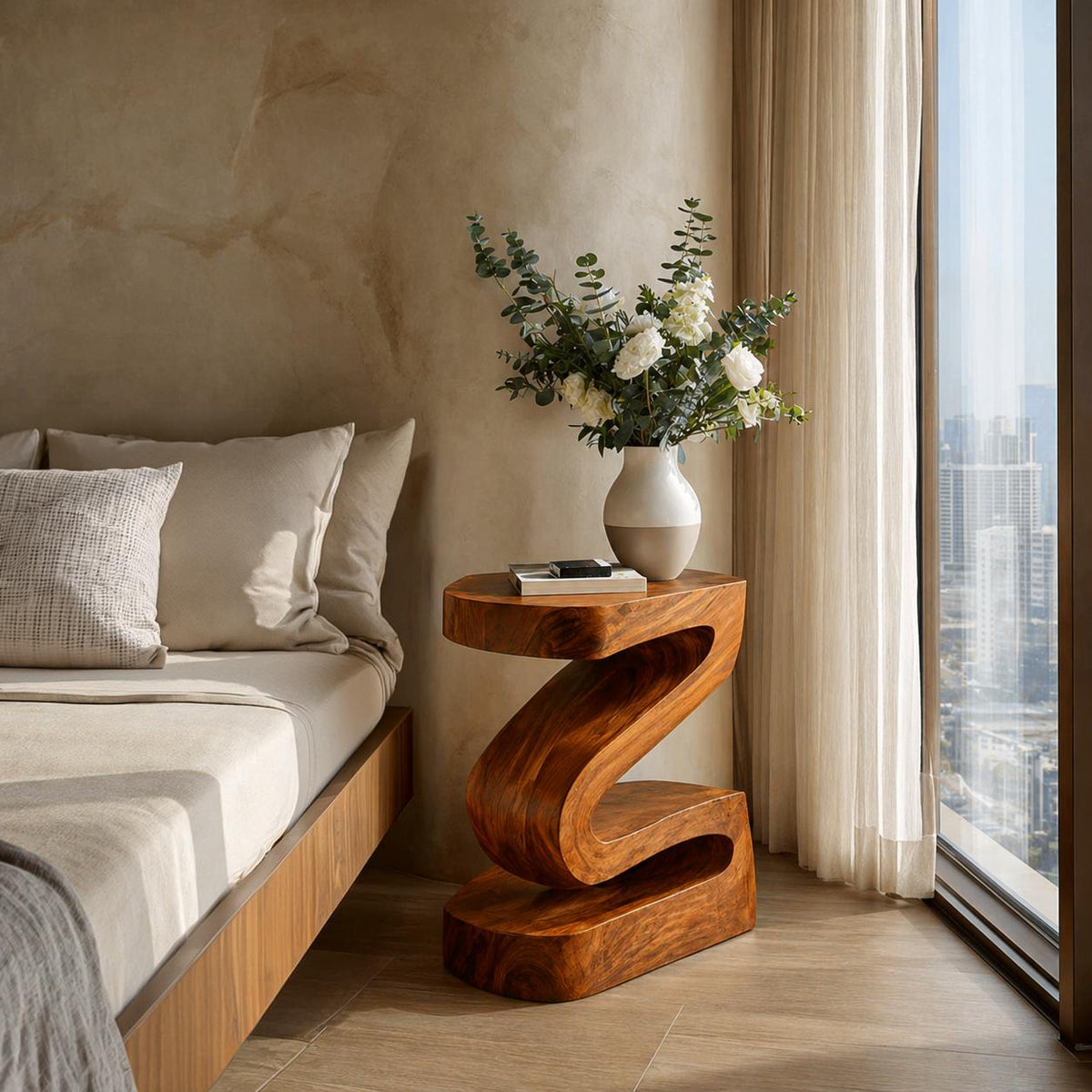 Spry Interior Elegant Natural Wood Nightstand, Minimalist Bedside Table with Curved Form & Open Storage, Model RTTHTTNS023