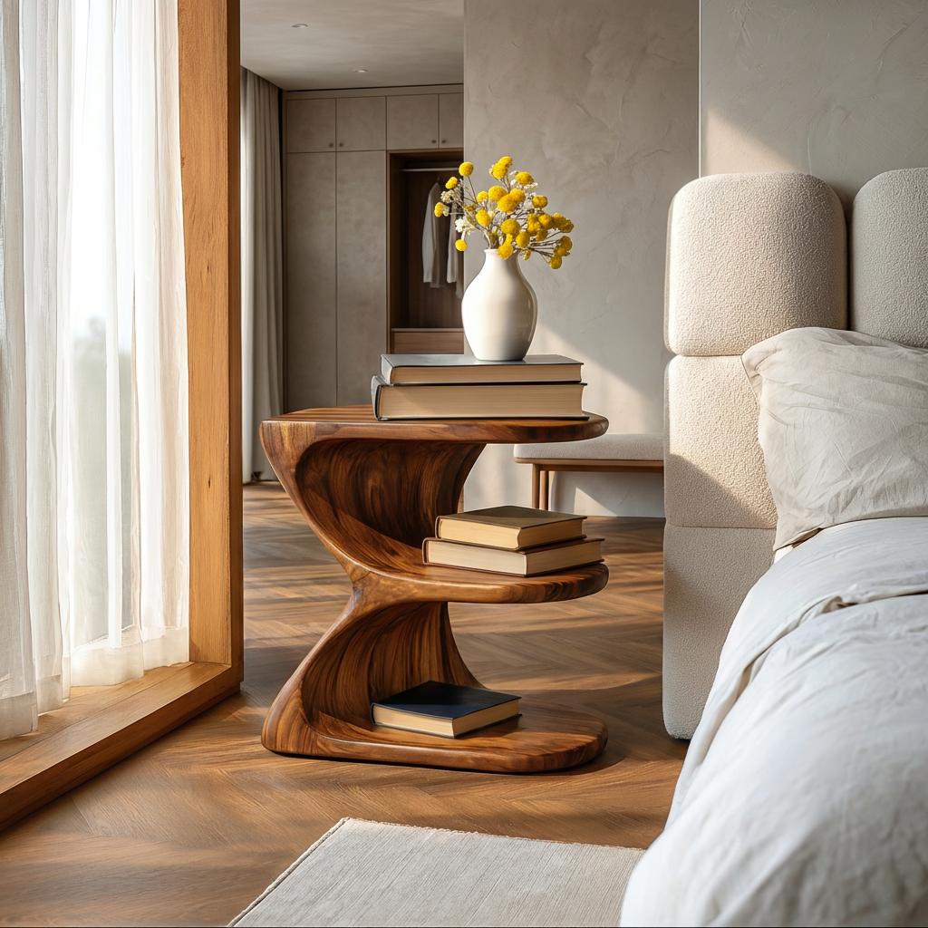 Modern Natural Wood Nightstand, Unique E-Shape Bedside Table with Open Shelves for Bedroom, Model