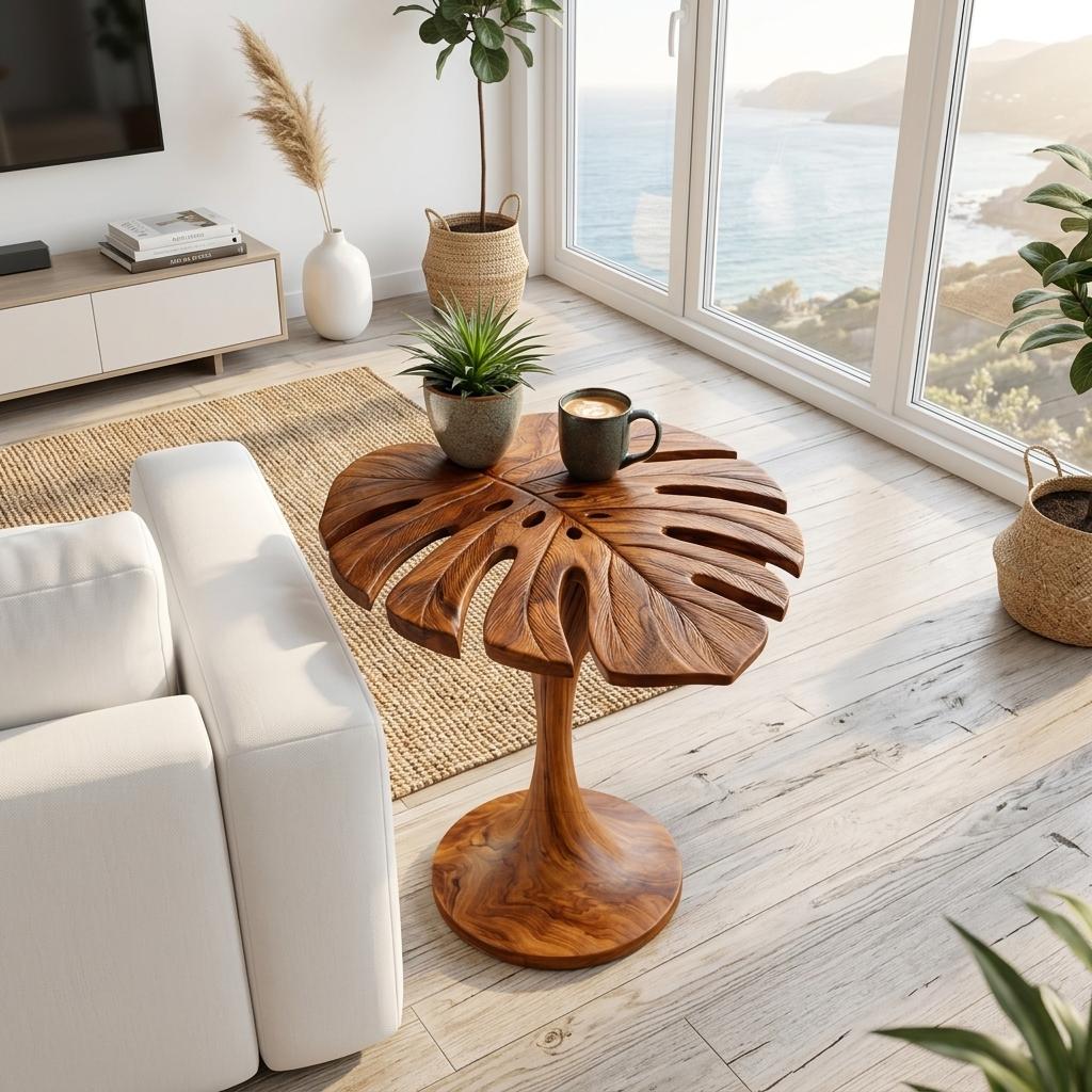 Handmade Wooden Side Table with Leaf Shape Top, Solid Wood Sculptural End Table for Sofa Side & Living Room, Model