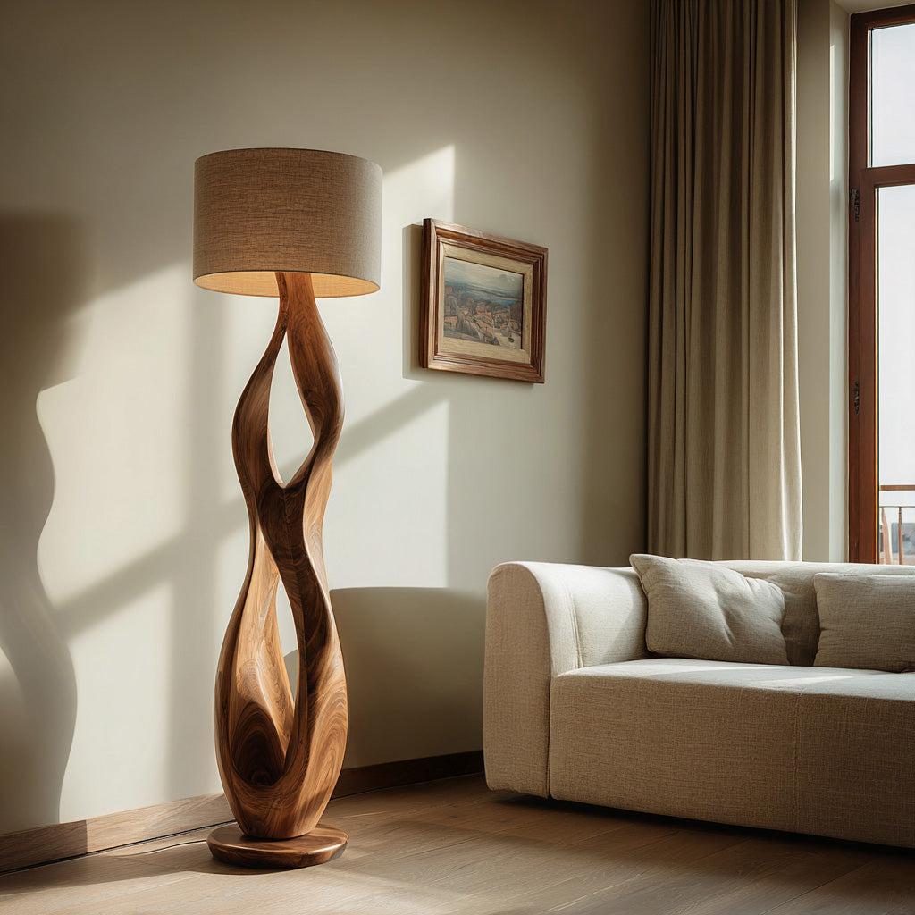 Spry Interior Minimalist Wooden Floor Lamp with Fabric Drum Shade, Modern Solid Wood Bedside Standing Night Light for Bedroom, Model RTTHHNLAM067