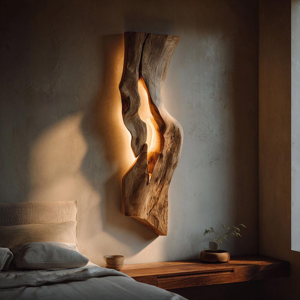 Rustic Wooden Wall Lamp, Handcrafted Natural Wood Sconce Light for Bedroom Headboard & Hallway Accent, Model