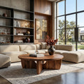 Round Wooden Coffee Table with Unique Pedestal Base, Modern Solid Wood Center Table for Living Room, Model