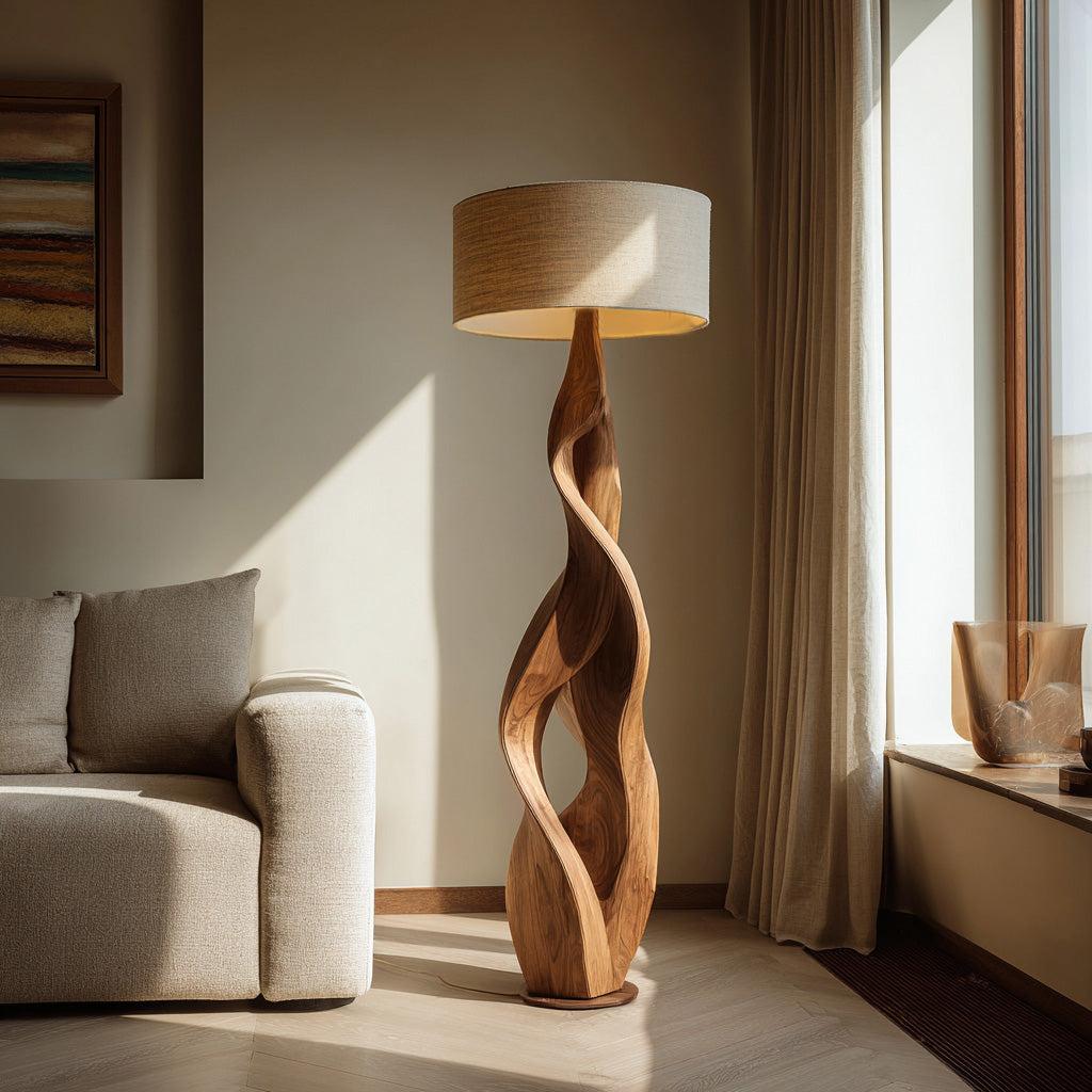 Sculptural Wooden Floor Lamp with Fabric Shade, Modern Solid Wood Standing Night Light for Bedroom Cozy Corner, Model