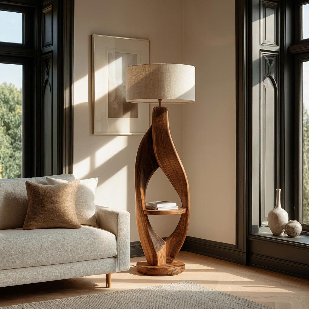 Organic Style Natural Wood Floor Lamp, Rustic Solid Wood Tall Standing Light for Cozy Living Room Decor, Model