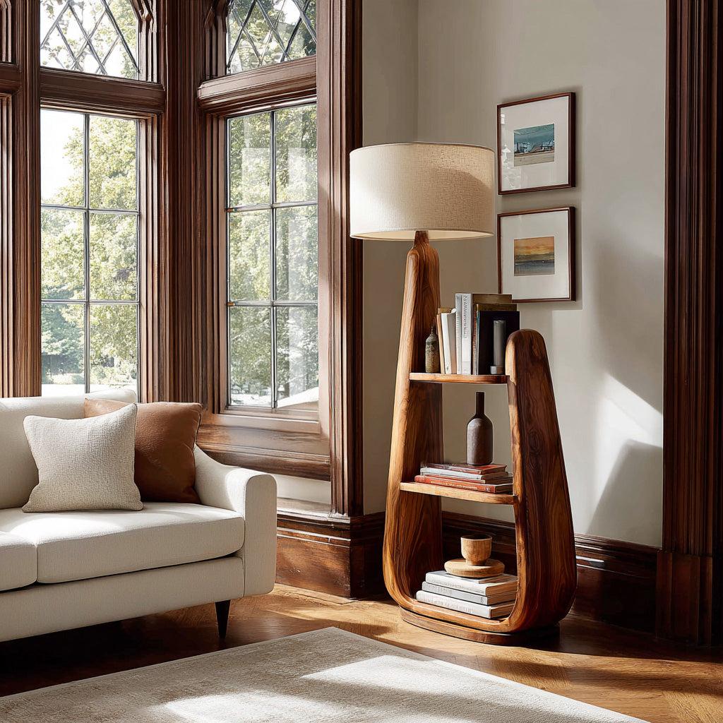 Mid-Century Wooden Floor Lamp with Integrated Storage Shelves, Modern Standing Light for Living Room, Model