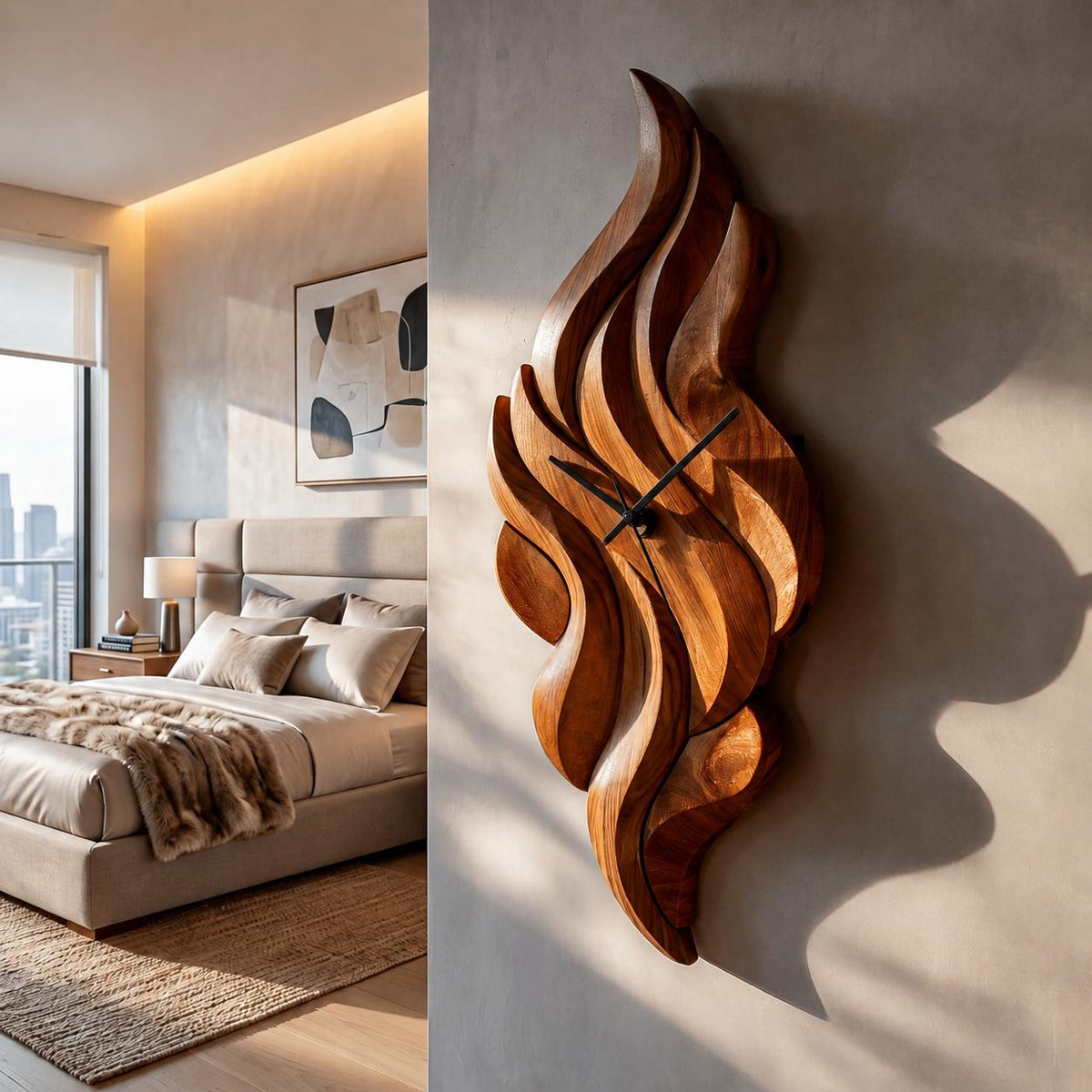 Modern Wooden Wall Clock with Sculptural Wave Carving, Handcrafted Abstract Wood Art Clock for Home Decor