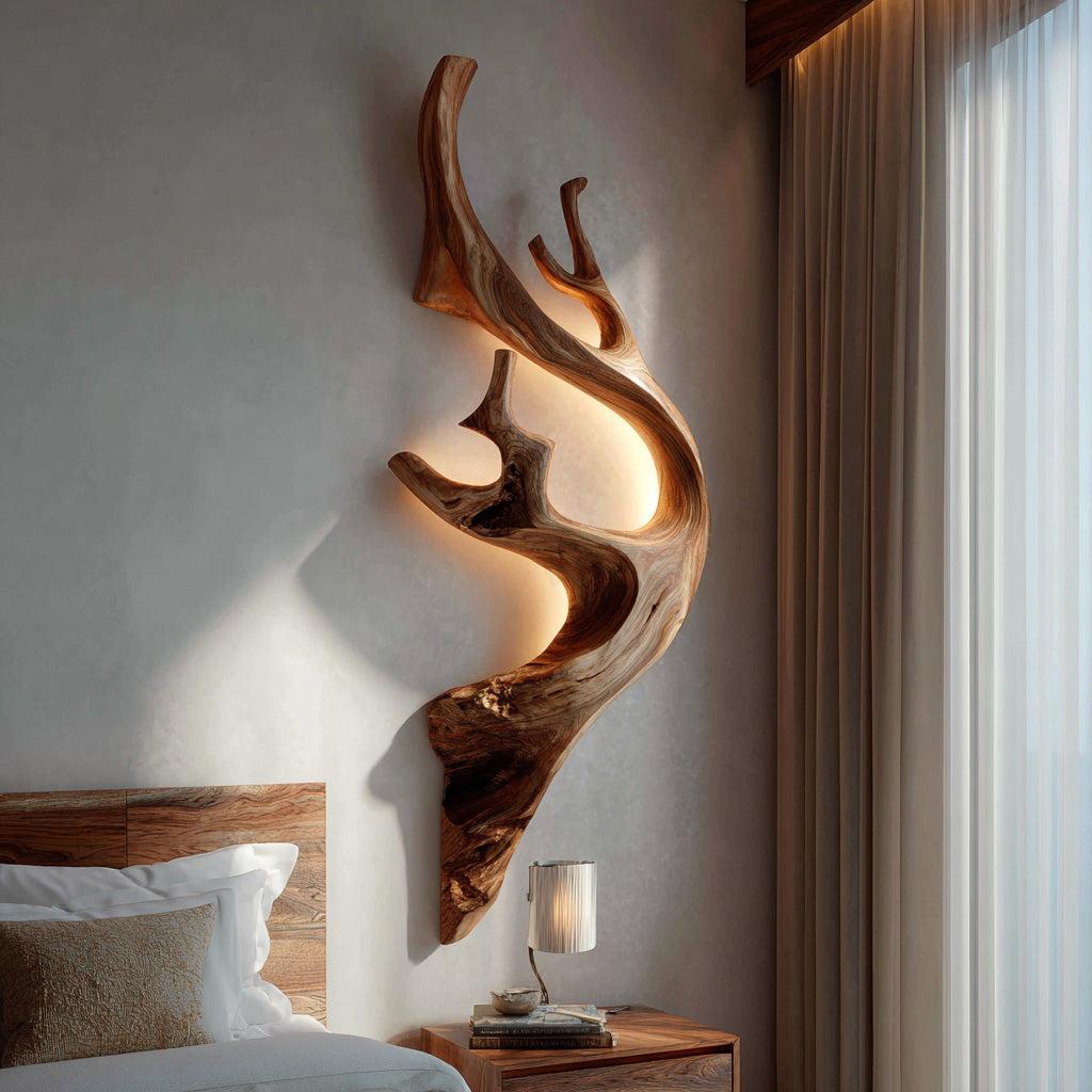 Sculptural Tree Branch Wooden Wall Lamp, Modern Nature-Inspired LED Wall Sconce Light for Bedroom, Model
