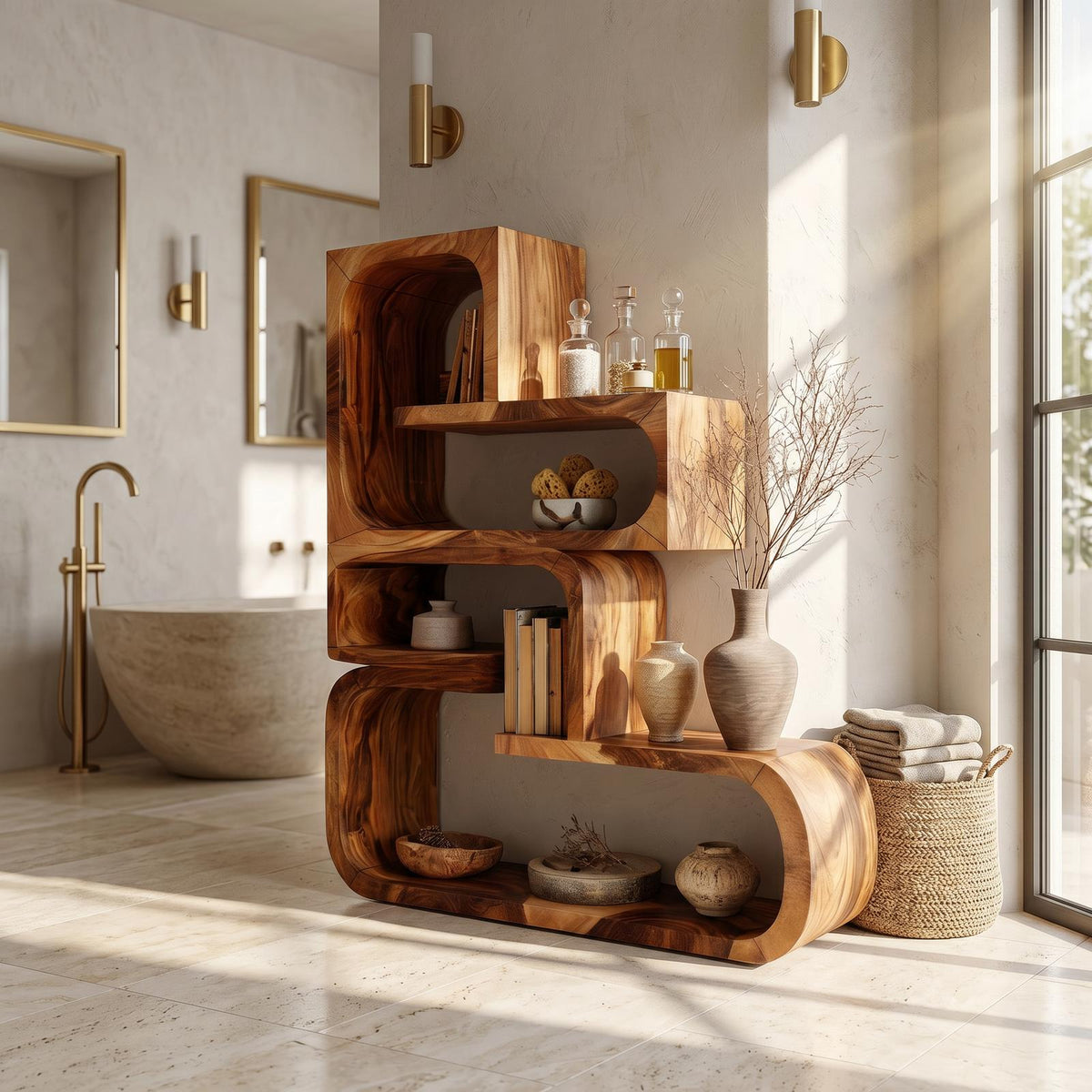 Contemporary Wave Edge Wooden Bookcase In Natural Finish SILDTTRBS056