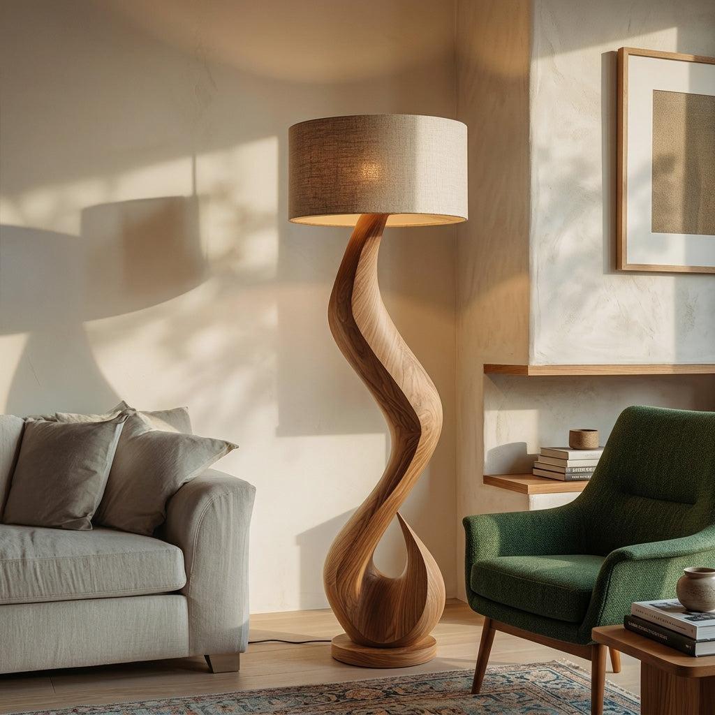 Modern Wooden Floor Lamp with Flowing Organic Form, Tall Standing Accent Light for Living Room Corner, Model