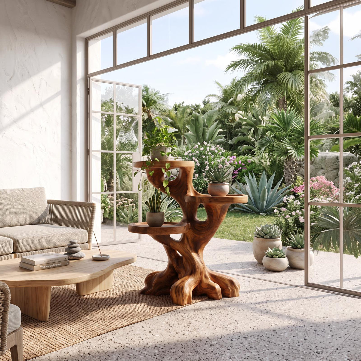 Rustic Indoor Plant Shelf With Tree Root Inspired Design For Living Room And Hallway SINLSAPT005