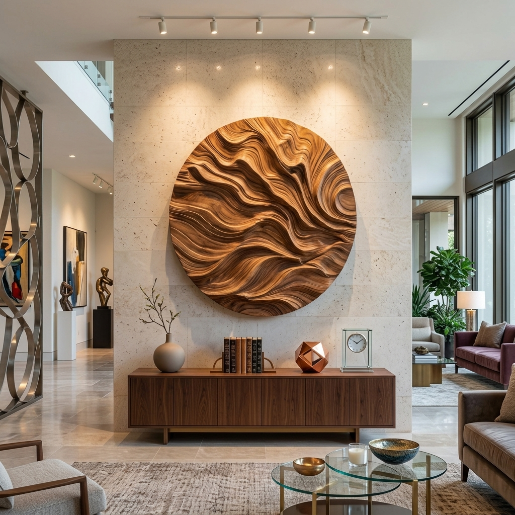 Round Carved Wood Wall Sculpture, 3D Abstract Mandala Style Circular Wood Panel Art for Living Room