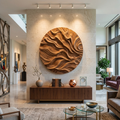 Round Carved Wood Wall Sculpture, 3D Abstract Mandala Style Circular Wood Panel Art for Living Room