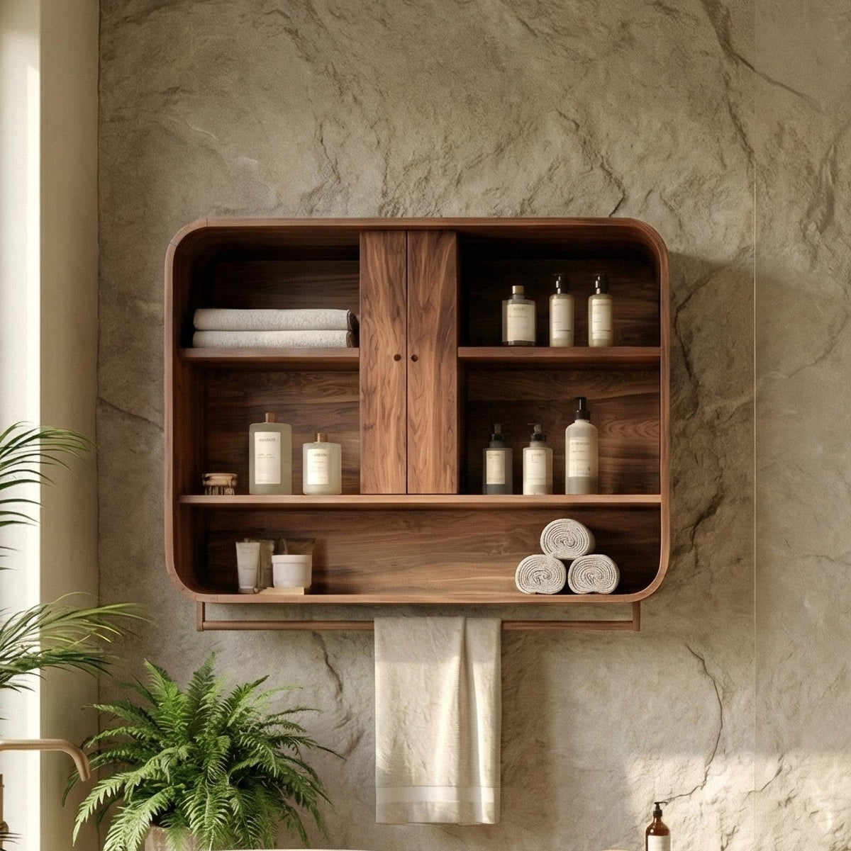 Minimalist Bathroom Cabinet, Solid Natural Wood Wall-Mounted Storage Organizer Cupboard