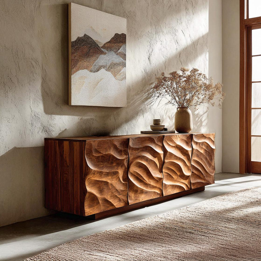 Artistic Carved Wooden Cabinet, Luxury Handcrafted Solid Wood Sideboard Credenza for Elegant Living Spaces, Model